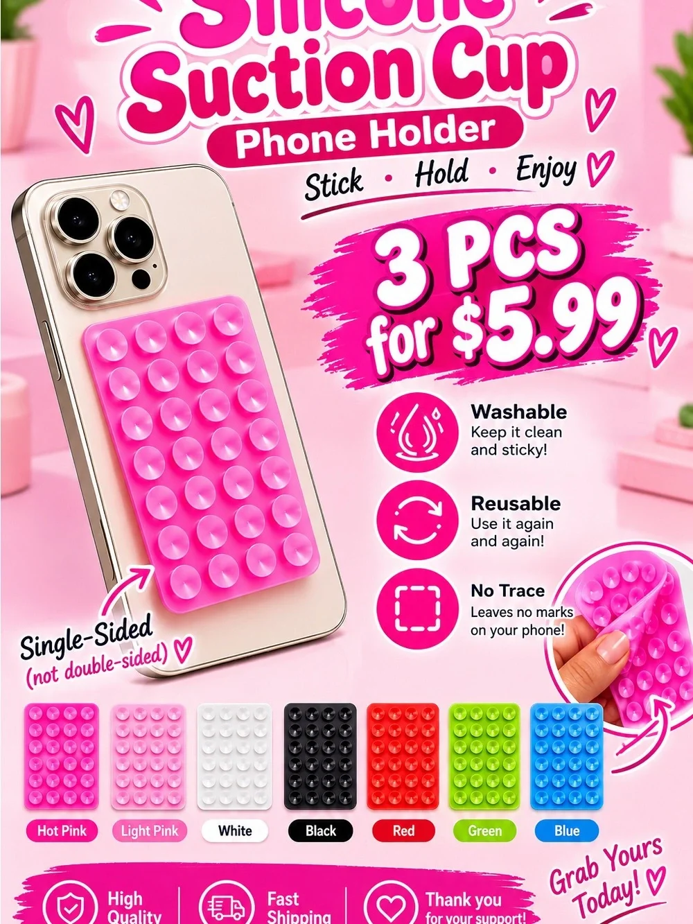 3PCS Silicone Suction Cup Phone Holder – Pink | $5.99 💕